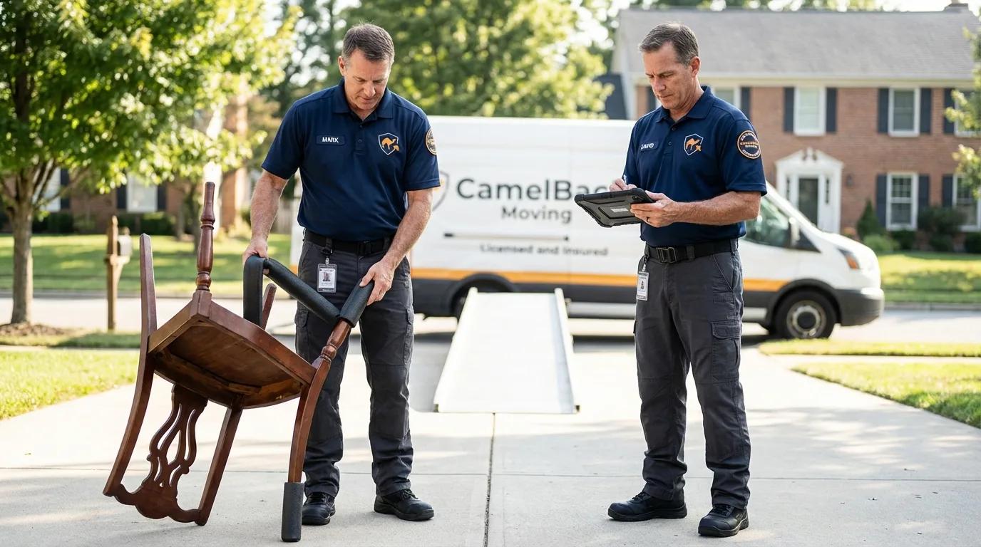 Movers inspecting furniture for damage prevention before loading in Cheboygan, MI